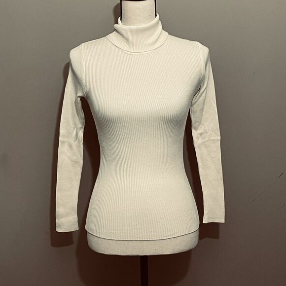 Shein Cream Ribbed Lightweight Turtleneck Long Sleeve Bodycon Sweater Size S - Picture 2 of 6
